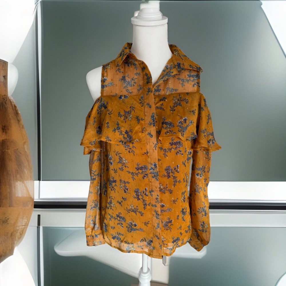 Gold Cold Shoulder floral  Long Sleeve Top Small